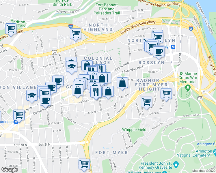 map of restaurants, bars, coffee shops, grocery stores, and more near 1400 North Taft Street in Arlington