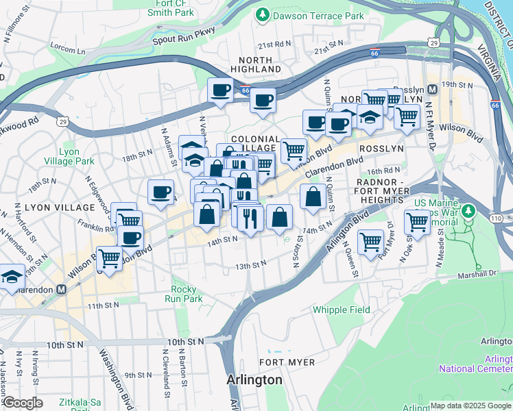 map of restaurants, bars, coffee shops, grocery stores, and more near 101 Independence Avenue Southeast in Washington