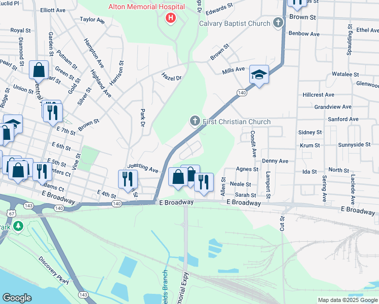 map of restaurants, bars, coffee shops, grocery stores, and more near 113 Manor Court in Alton