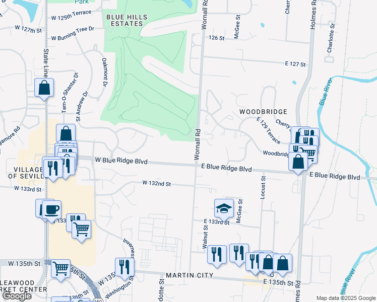 map of restaurants, bars, coffee shops, grocery stores, and more near 136-162 West Blue Ridge Boulevard in Kansas City