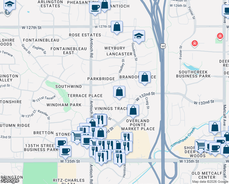 map of restaurants, bars, coffee shops, grocery stores, and more near 13141 Hadley Street in Overland Park