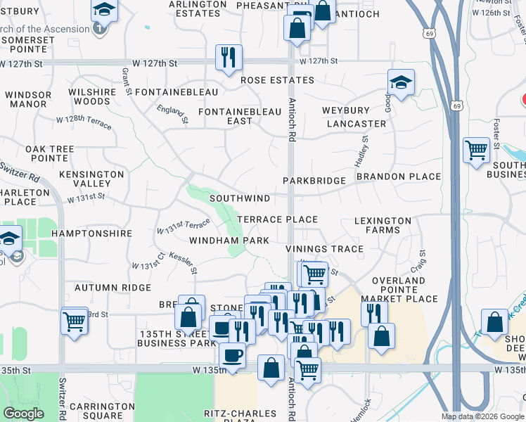 map of restaurants, bars, coffee shops, grocery stores, and more near 13126 Slater Street in Overland Park