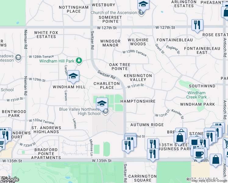 map of restaurants, bars, coffee shops, grocery stores, and more near 10405 West 131st Street in Overland Park