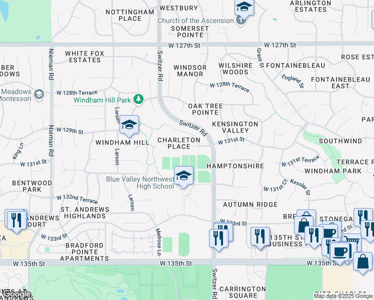 map of restaurants, bars, coffee shops, grocery stores, and more near 10405 West 131st Street in Overland Park