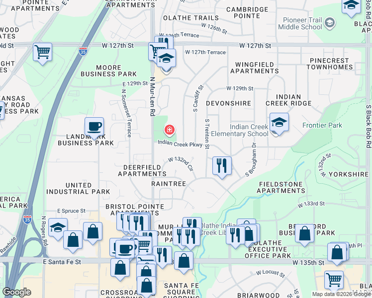 map of restaurants, bars, coffee shops, grocery stores, and more near 16494 West 132nd Court in Olathe