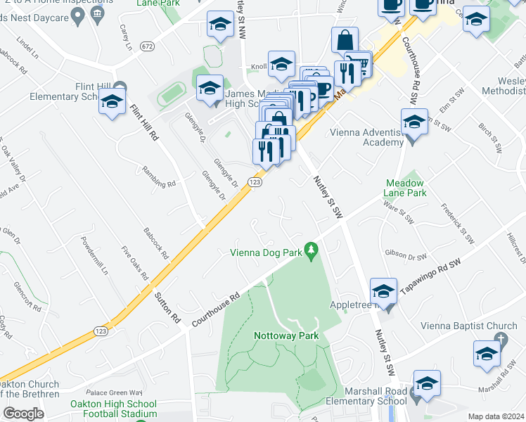 map of restaurants, bars, coffee shops, grocery stores, and more near 2587 Plum Tree Court in Vienna
