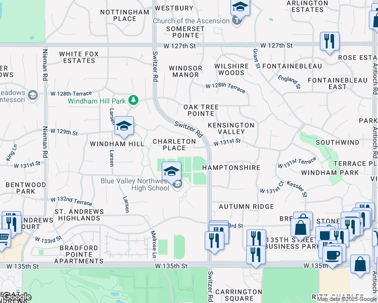 map of restaurants, bars, coffee shops, grocery stores, and more near 10405 West 131st Street in Overland Park