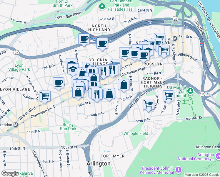 map of restaurants, bars, coffee shops, grocery stores, and more near 2001 15th Street North in Arlington