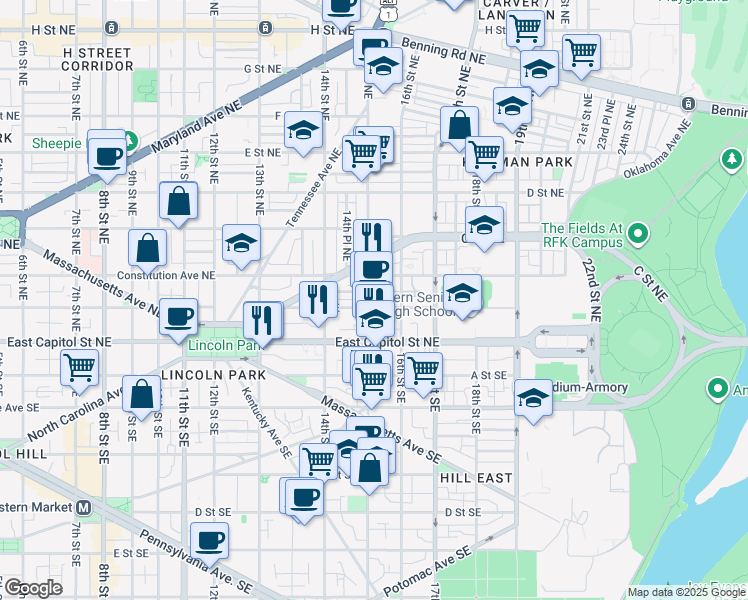 map of restaurants, bars, coffee shops, grocery stores, and more near 101 Independence Avenue Southeast in Washington
