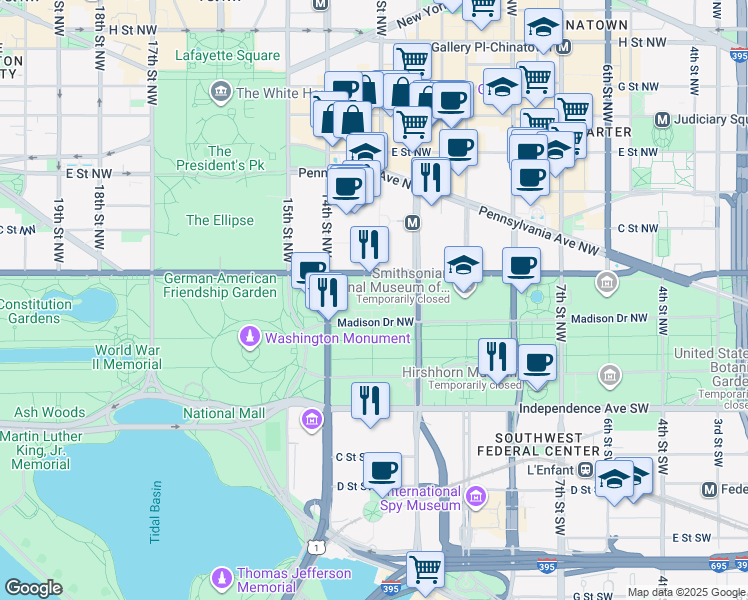 map of restaurants, bars, coffee shops, grocery stores, and more near 1200 Constitution Avenue Northeast in Washington