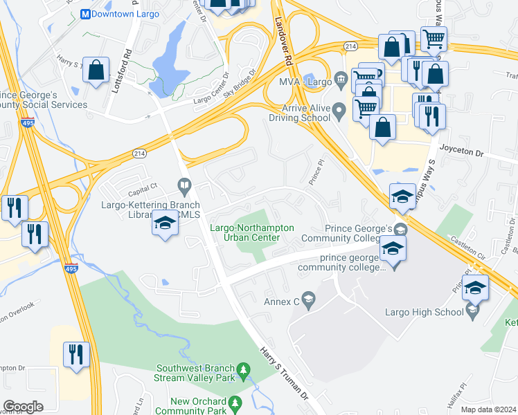map of restaurants, bars, coffee shops, grocery stores, and more near 10101 Prince Place in Upper Marlboro
