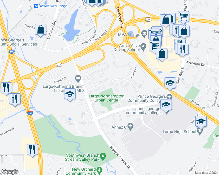 map of restaurants, bars, coffee shops, grocery stores, and more near 10103 Prince Place in Upper Marlboro