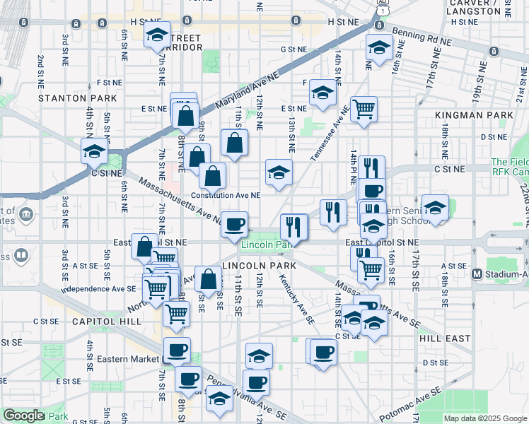 map of restaurants, bars, coffee shops, grocery stores, and more near 101 Independence Avenue Southeast in Washington