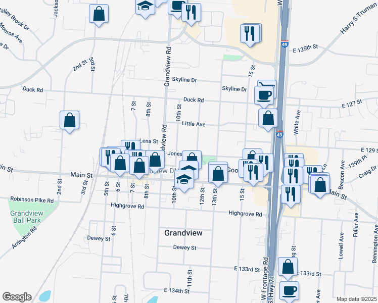 map of restaurants, bars, coffee shops, grocery stores, and more near 12905 10th Street in Grandview