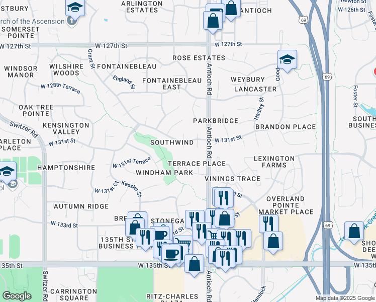 map of restaurants, bars, coffee shops, grocery stores, and more near 13126 Slater Street in Overland Park