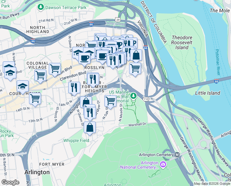 map of restaurants, bars, coffee shops, grocery stores, and more near 101 Independence Avenue Southeast in Washington