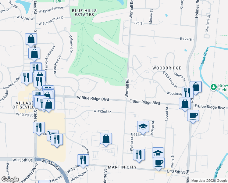 map of restaurants, bars, coffee shops, grocery stores, and more near 12942 Wornall Road in Kansas City