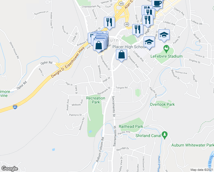 map of restaurants, bars, coffee shops, grocery stores, and more near 176 Racetrack Street in Auburn