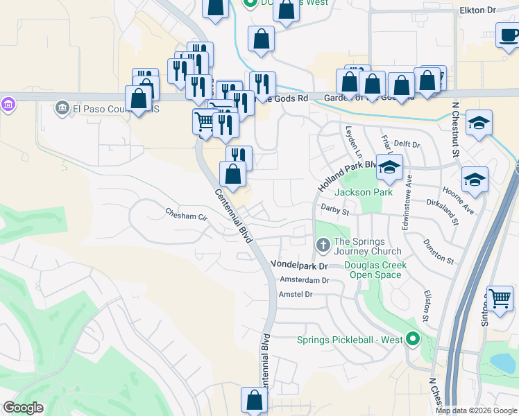 map of restaurants, bars, coffee shops, grocery stores, and more near 1051 Wisdom Heights in Colorado Springs