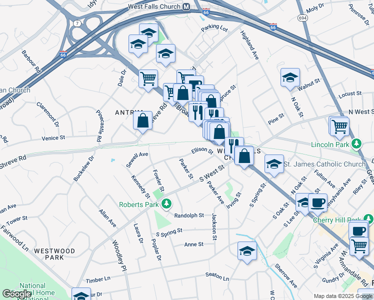 map of restaurants, bars, coffee shops, grocery stores, and more near 1218 Ellison Street in Falls Church