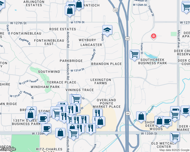 map of restaurants, bars, coffee shops, grocery stores, and more near 8211 West 131st Court in Overland Park