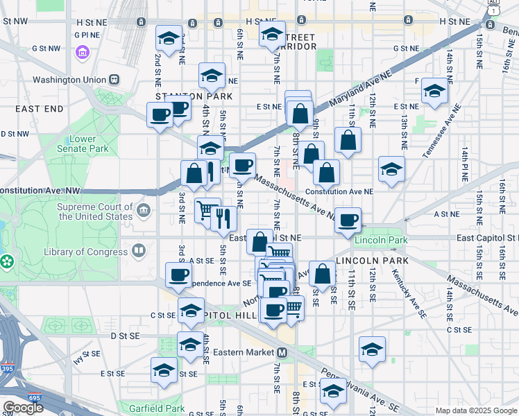 map of restaurants, bars, coffee shops, grocery stores, and more near 101 Independence Avenue Southeast in Washington