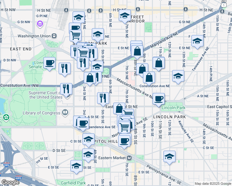 map of restaurants, bars, coffee shops, grocery stores, and more near 612 A Street Northeast in Washington