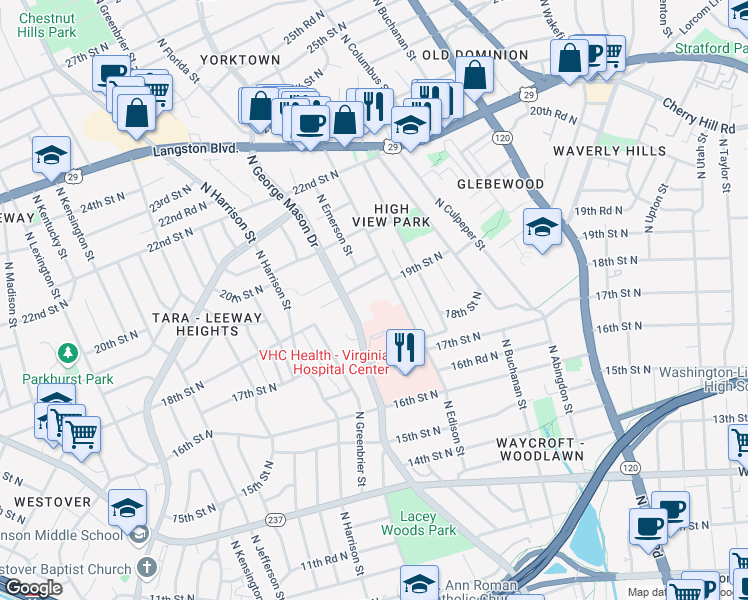 map of restaurants, bars, coffee shops, grocery stores, and more near 1810 North Edison Street in Arlington