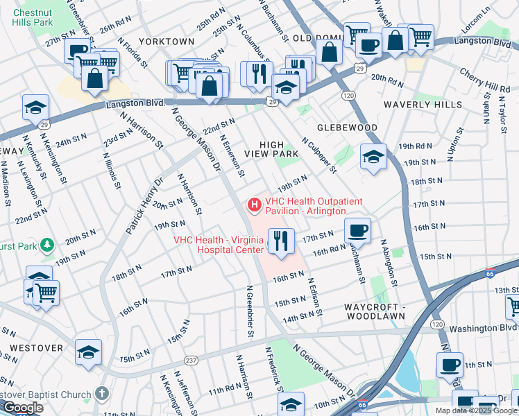 map of restaurants, bars, coffee shops, grocery stores, and more near 1810 North Edison Street in Arlington