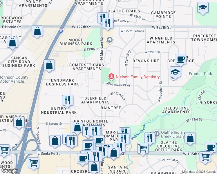 map of restaurants, bars, coffee shops, grocery stores, and more near 13095 South Mur-Len Road in Olathe