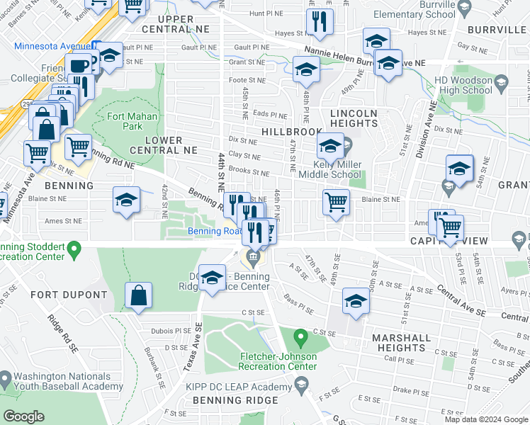map of restaurants, bars, coffee shops, grocery stores, and more near 59 46th Street Northeast in Washington