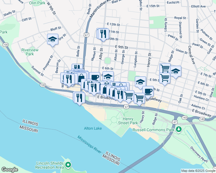 map of restaurants, bars, coffee shops, grocery stores, and more near 219 East 4th Street in Alton