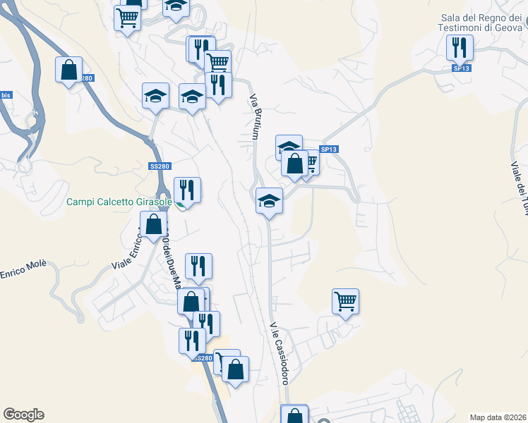 map of restaurants, bars, coffee shops, grocery stores, and more near 71 Viale degli Angioini in Catanzaro