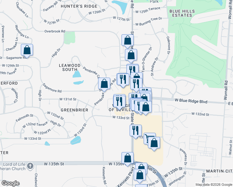 map of restaurants, bars, coffee shops, grocery stores, and more near 12908 State Line Road in Leawood