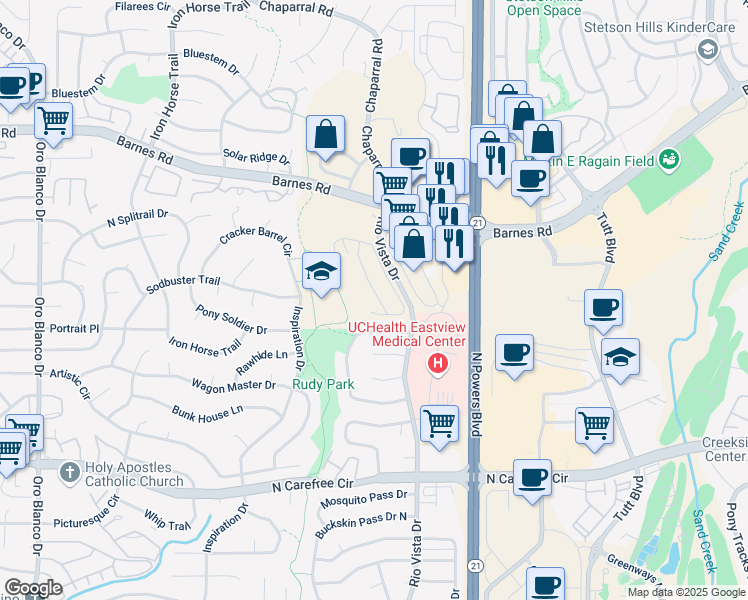map of restaurants, bars, coffee shops, grocery stores, and more near 4090 Rio Vista Drive in Colorado Springs