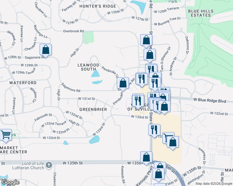 map of restaurants, bars, coffee shops, grocery stores, and more near 12826 Overbrook Road in Leawood