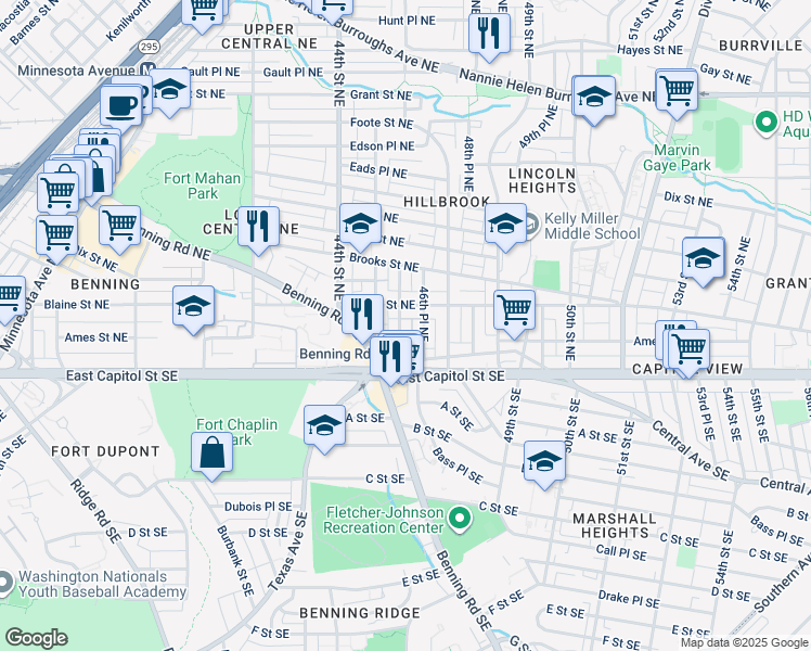 map of restaurants, bars, coffee shops, grocery stores, and more near 59 46th Street Northeast in Washington