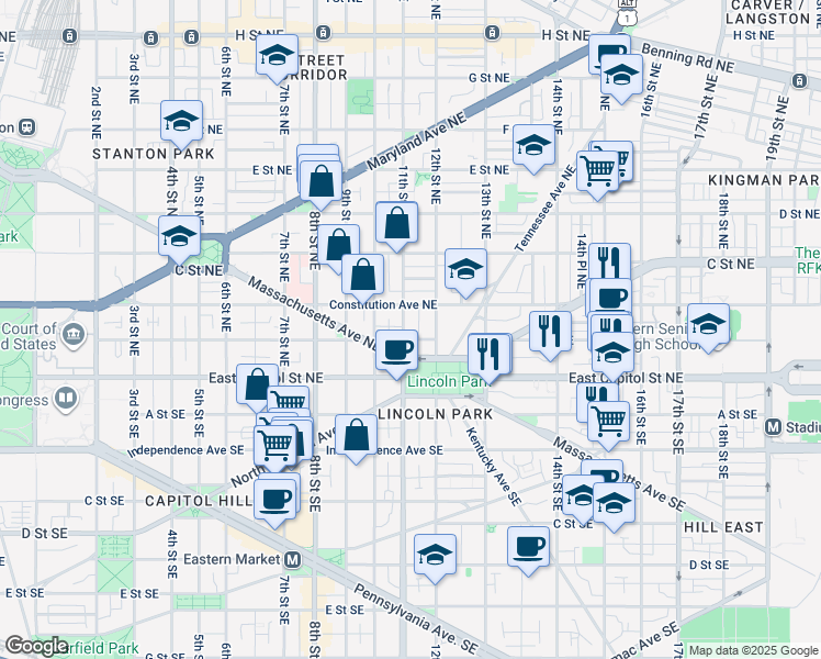 map of restaurants, bars, coffee shops, grocery stores, and more near 101 Independence Avenue Southeast in Washington
