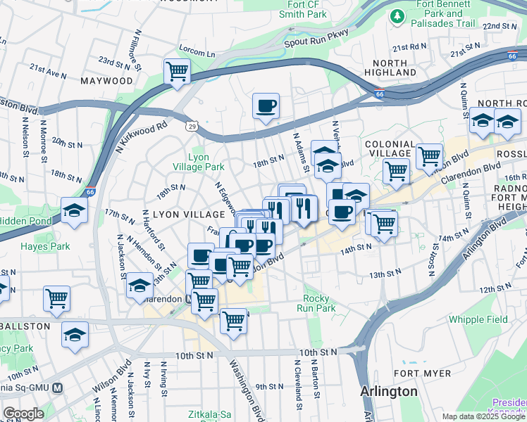 map of restaurants, bars, coffee shops, grocery stores, and more near 1560 North Bryan Street in Arlington