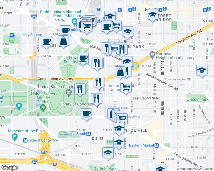 map of restaurants, bars, coffee shops, grocery stores, and more near 109 2nd Street Northeast in Washington