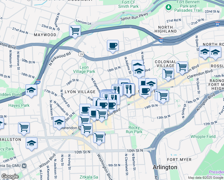 map of restaurants, bars, coffee shops, grocery stores, and more near 1560 North Bryan Street in Arlington