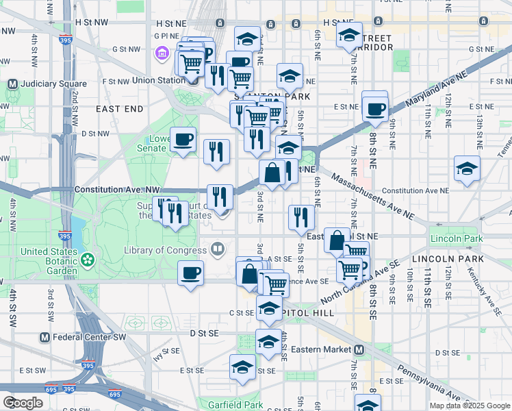 map of restaurants, bars, coffee shops, grocery stores, and more near 106 3rd Street Northeast in Washington