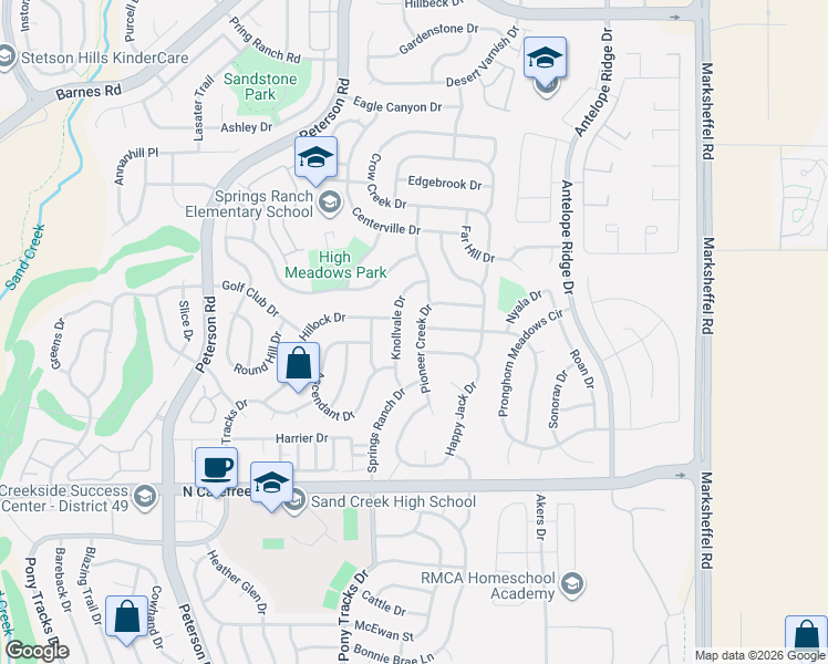 map of restaurants, bars, coffee shops, grocery stores, and more near 4238 Pioneer Creek Drive in Colorado Springs