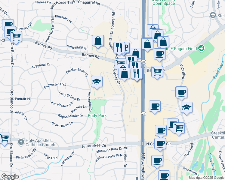 map of restaurants, bars, coffee shops, grocery stores, and more near 4090 Rio Vista Drive in Colorado Springs