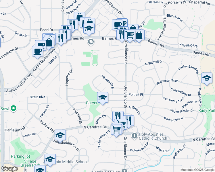 map of restaurants, bars, coffee shops, grocery stores, and more near 4611 Crimson Circle North in Colorado Springs