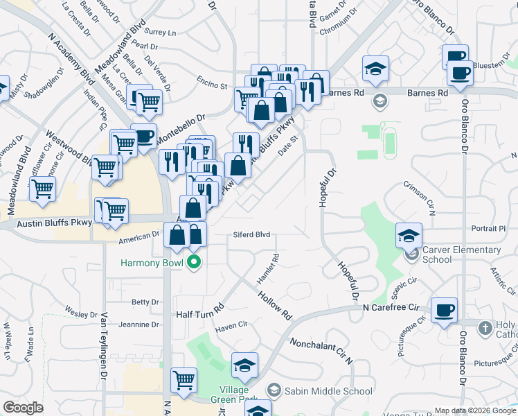 map of restaurants, bars, coffee shops, grocery stores, and more near 4144 Rosalie Street in Colorado Springs