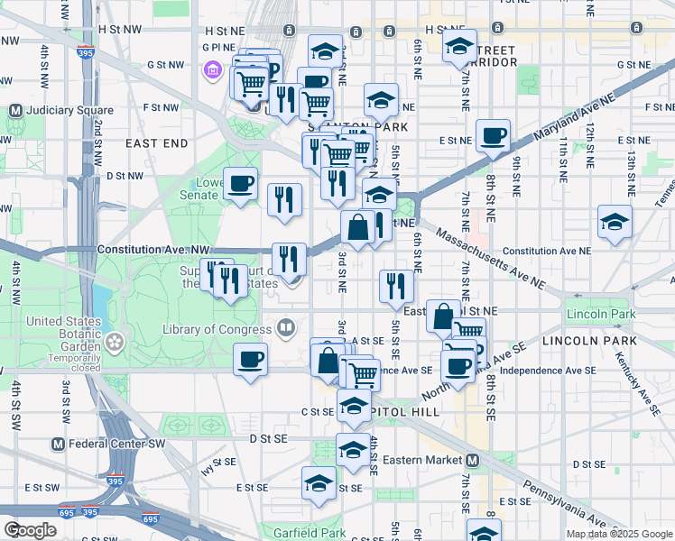 map of restaurants, bars, coffee shops, grocery stores, and more near 108 3rd Street Northeast in Washington
