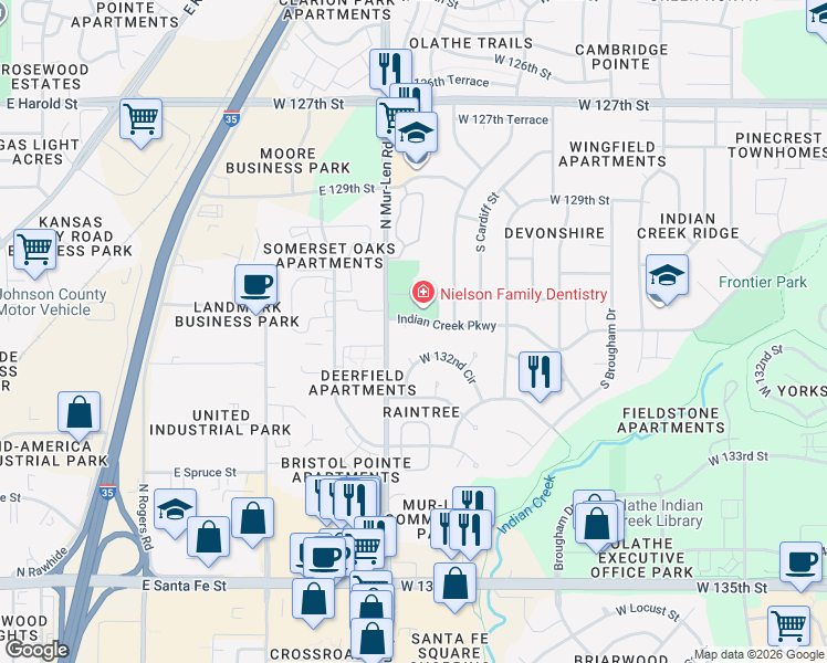 map of restaurants, bars, coffee shops, grocery stores, and more near 13095 South Mur-Len Road in Olathe