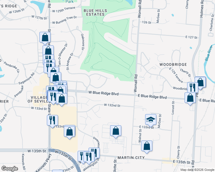 map of restaurants, bars, coffee shops, grocery stores, and more near 12942 Wornall Road in Kansas City