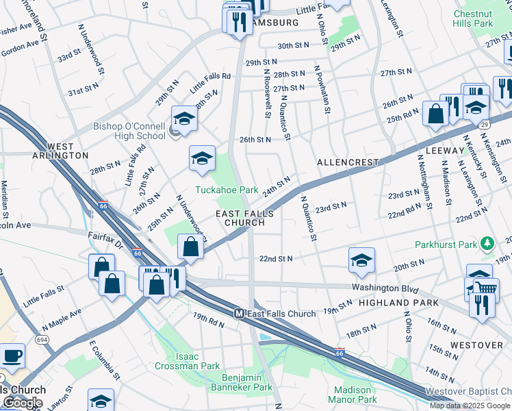 map of restaurants, bars, coffee shops, grocery stores, and more near 6424 24th Street North in Arlington